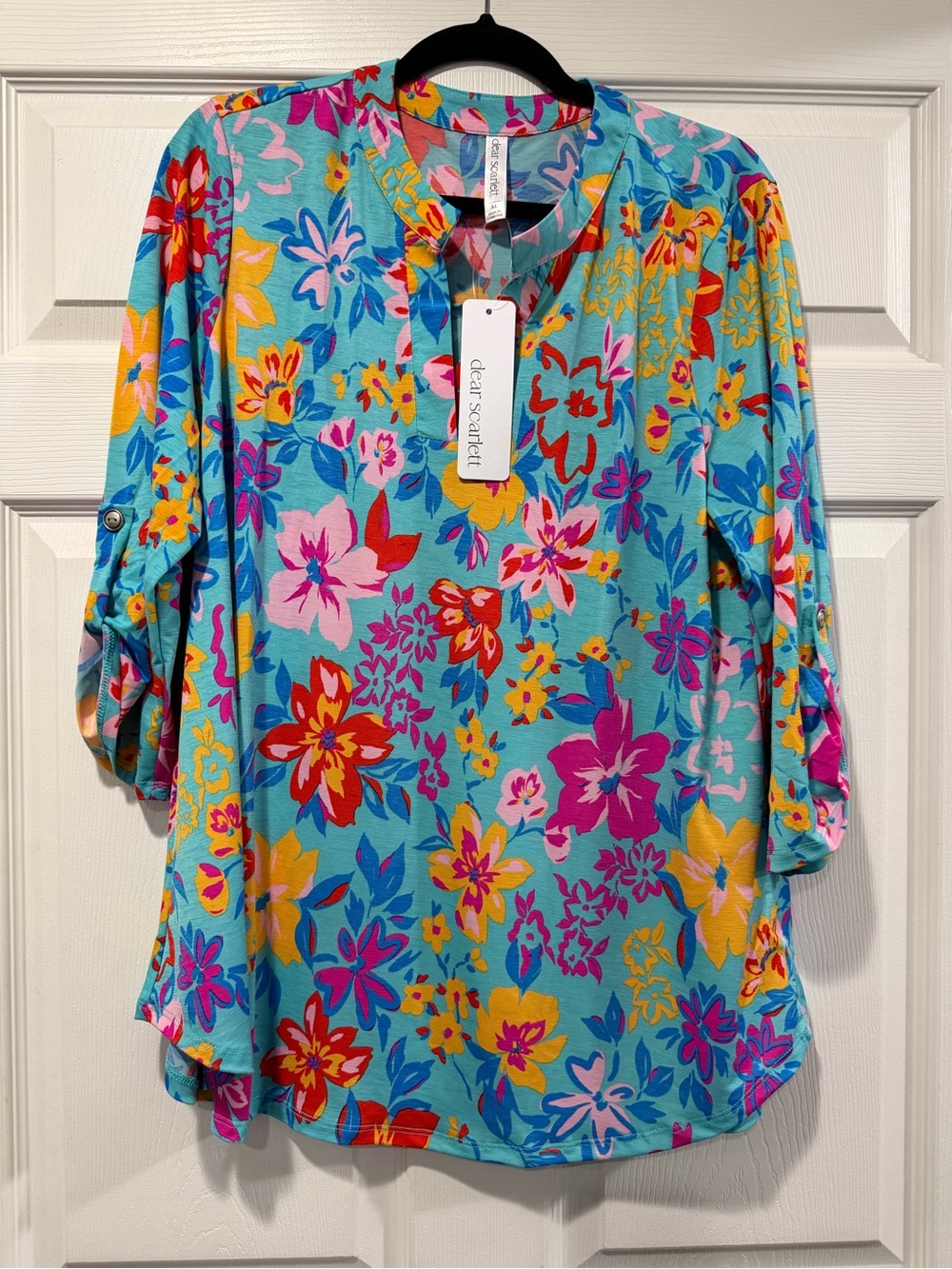 Dear Scarlett Turquoise Floral V-Neck Roll-Sleeve Blouse